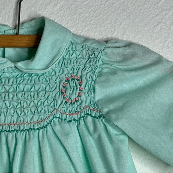 Vintage Polly Flinders Green Hand Smocked Lace Trim Circle Dress Size 2 Toddler - Picture 3 of 12